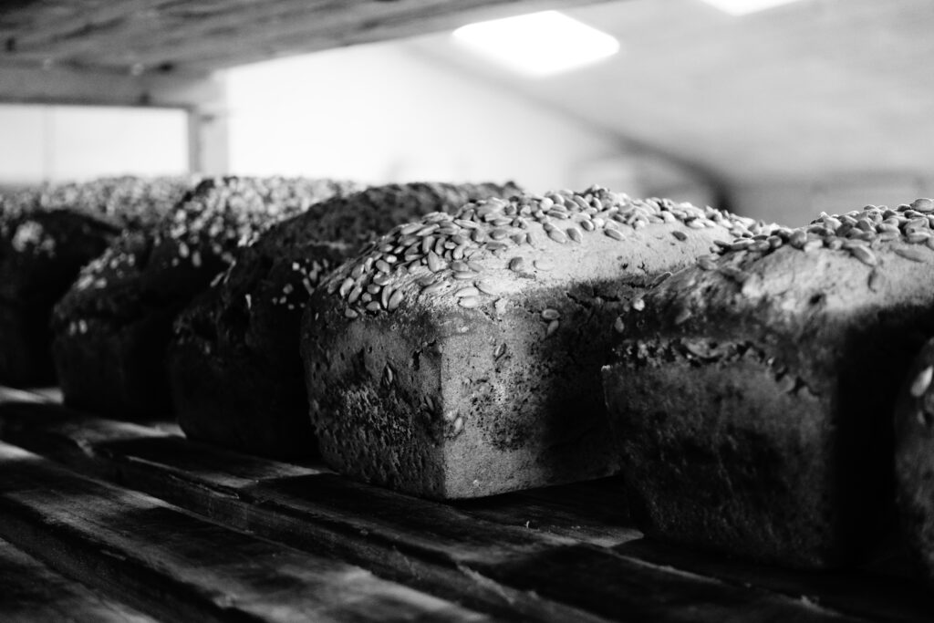 Handgemachte Backkunst: Frisch gebackene, knusprige Brote mit Sonnenblumenkernen reihen sich auf einem Holzregal im Backhaus der Vielfalt aneinander.