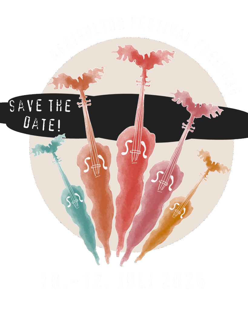 Logo des Agrikulturfestivals 2026 mit wasserfarben gemalte Möhren mit gemalten Seiten sodass ein Cello aus den Blättern und der Wurzel wird.