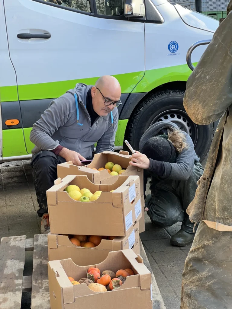 Gemeinsame Qualitätskontrolle: Ein Fahrer und ein Landwirt prüfen bei der Ankunft direkt am Lieferwagen die frischen Zitronen und Orangen in den offenen Kisten.