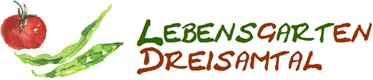 Logo des "LEBENSGARTEN DREISAMTAL", bestehend aus einer gezeichneten roten Tomate und zwei grünen Bohnenschoten links neben dem handgeschriebenen, zweifarbigen Schriftzug.