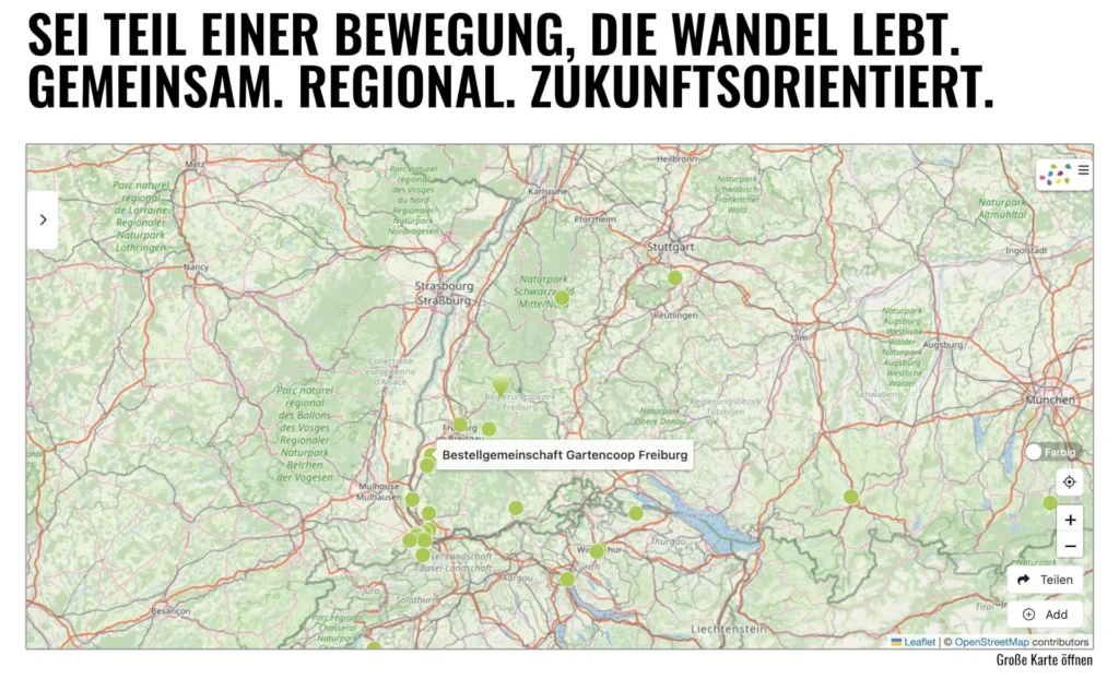 Das Netzwerk wächst: Eine interaktive Karte zeigt die vielen Standorte der Teikei-Bestellgemeinschaften in Südwestdeutschland – Teil einer zukunftsorientierten Bewegung.