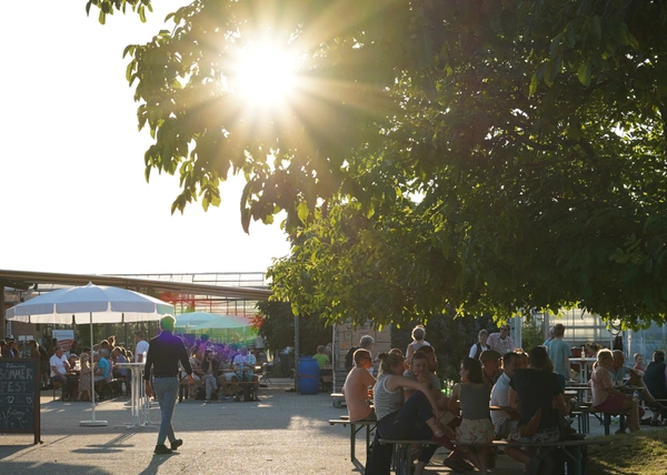 Sommerfest bei Piluweri eG viele Menschen an Tischen in der strahlenden nachmittags Sonne genießen die fröhliche Stimmung